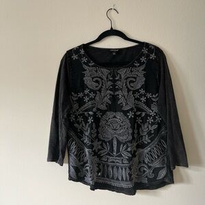 Lucky Brand Black and Gray Embroidered Blouse